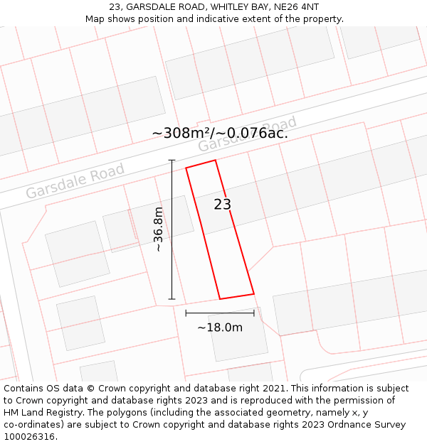 23, GARSDALE ROAD, WHITLEY BAY, NE26 4NT: Plot and title map