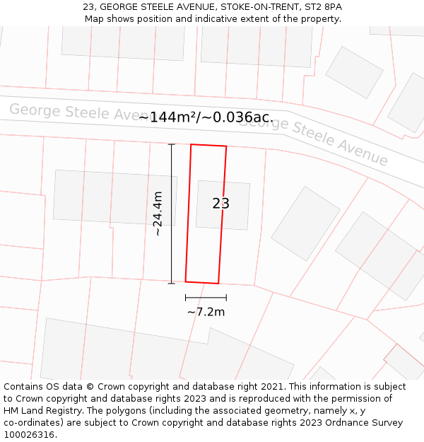 23, GEORGE STEELE AVENUE, STOKE-ON-TRENT, ST2 8PA: Plot and title map