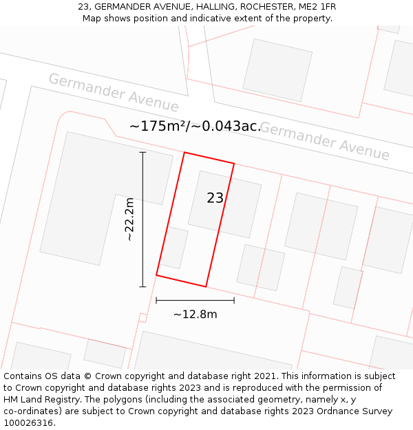 23, GERMANDER AVENUE, HALLING, ROCHESTER, ME2 1FR: Plot and title map