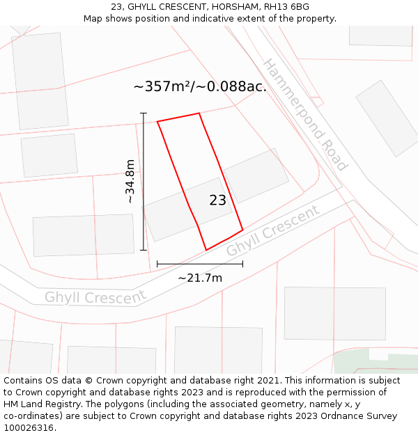 23, GHYLL CRESCENT, HORSHAM, RH13 6BG: Plot and title map