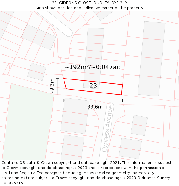 23, GIDEONS CLOSE, DUDLEY, DY3 2HY: Plot and title map