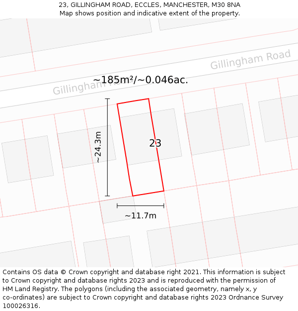 23, GILLINGHAM ROAD, ECCLES, MANCHESTER, M30 8NA: Plot and title map