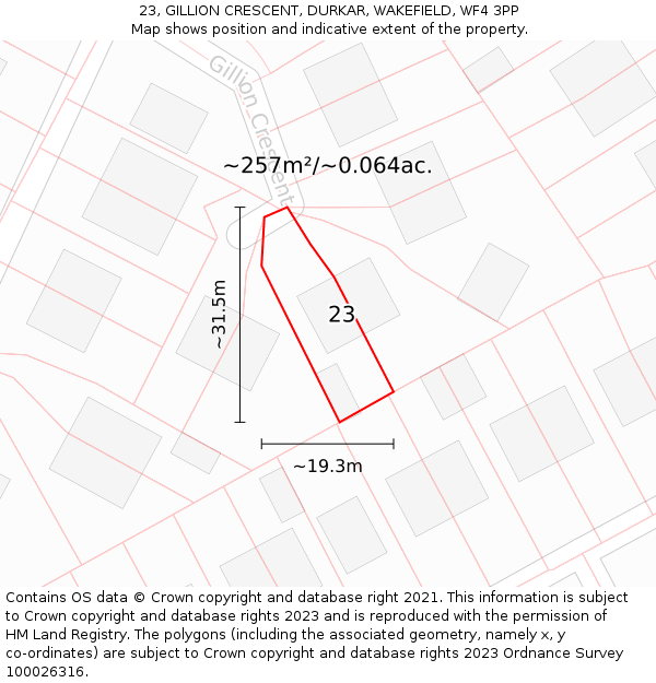 23, GILLION CRESCENT, DURKAR, WAKEFIELD, WF4 3PP: Plot and title map