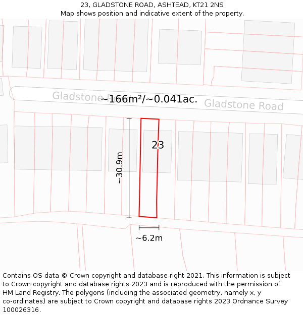 23, GLADSTONE ROAD, ASHTEAD, KT21 2NS: Plot and title map