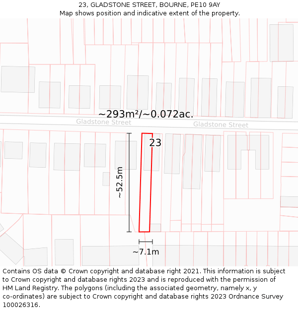 23, GLADSTONE STREET, BOURNE, PE10 9AY: Plot and title map