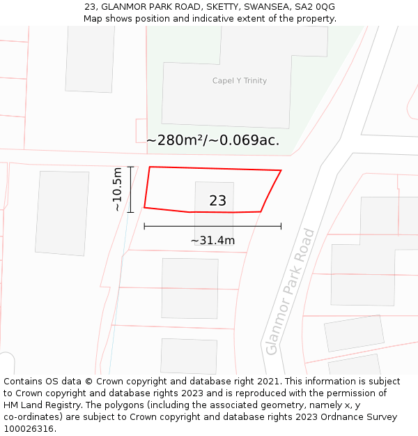 23, GLANMOR PARK ROAD, SKETTY, SWANSEA, SA2 0QG: Plot and title map