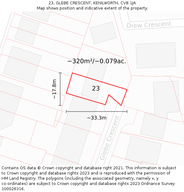 23, GLEBE CRESCENT, KENILWORTH, CV8 1JA: Plot and title map