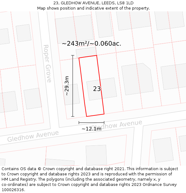 23, GLEDHOW AVENUE, LEEDS, LS8 1LD: Plot and title map