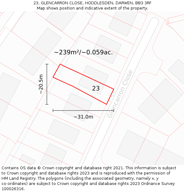 23, GLENCARRON CLOSE, HODDLESDEN, DARWEN, BB3 3RF: Plot and title map
