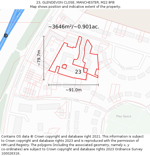 23, GLENDEVON CLOSE, MANCHESTER, M22 8FB: Plot and title map