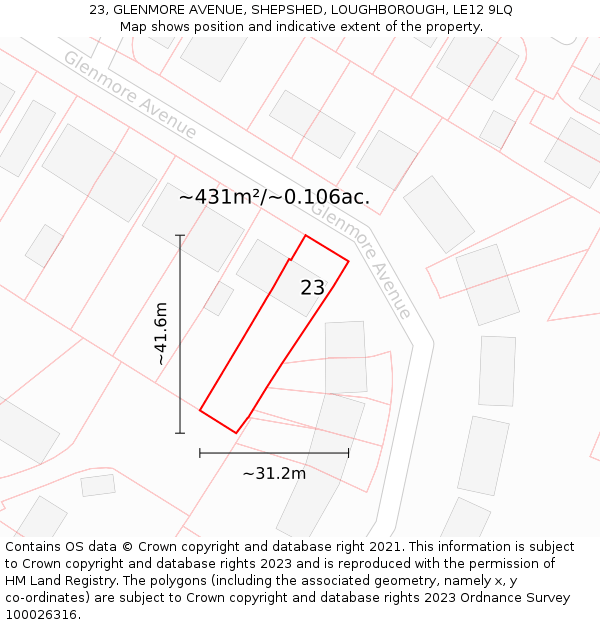 23, GLENMORE AVENUE, SHEPSHED, LOUGHBOROUGH, LE12 9LQ: Plot and title map