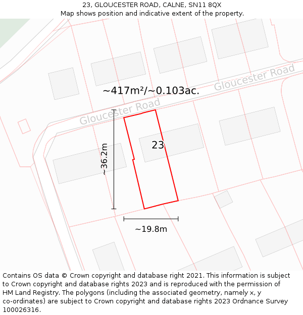 23, GLOUCESTER ROAD, CALNE, SN11 8QX: Plot and title map