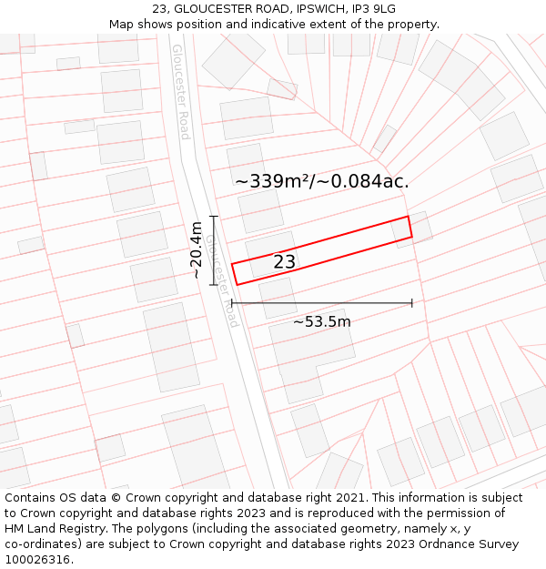23, GLOUCESTER ROAD, IPSWICH, IP3 9LG: Plot and title map