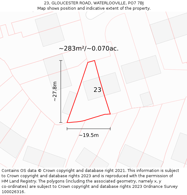 23, GLOUCESTER ROAD, WATERLOOVILLE, PO7 7BJ: Plot and title map