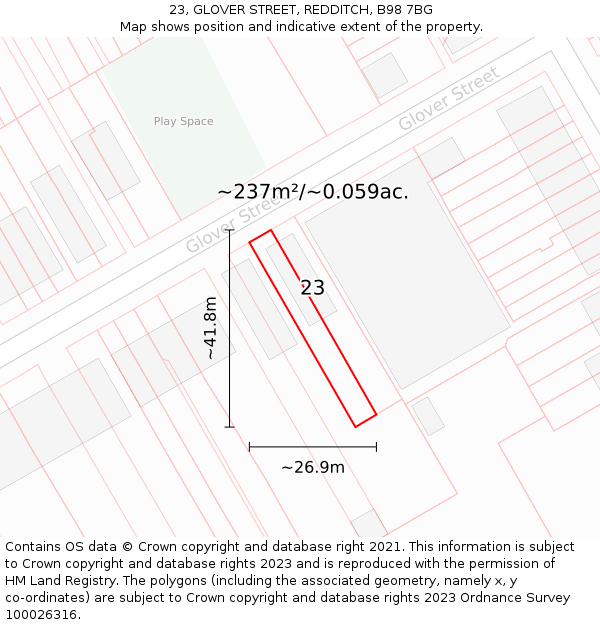 23, GLOVER STREET, REDDITCH, B98 7BG: Plot and title map