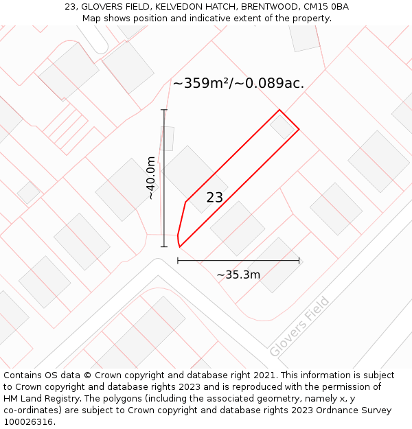 23, GLOVERS FIELD, KELVEDON HATCH, BRENTWOOD, CM15 0BA: Plot and title map