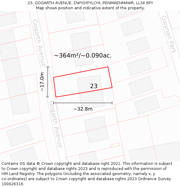 23, GOGARTH AVENUE, DWYGYFYLCHI, PENMAENMAWR, LL34 6PY: Plot and title map