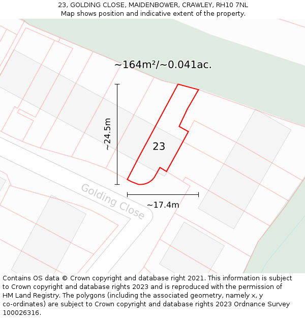 23, GOLDING CLOSE, MAIDENBOWER, CRAWLEY, RH10 7NL: Plot and title map