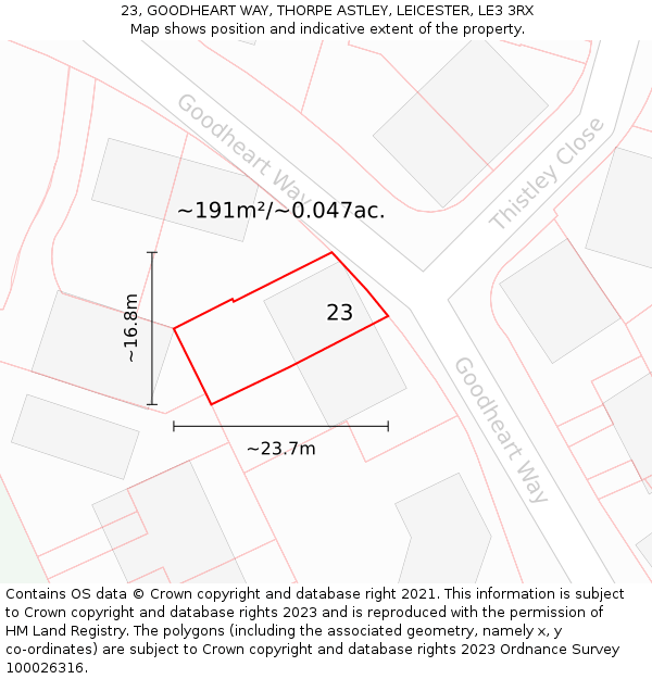 23, GOODHEART WAY, THORPE ASTLEY, LEICESTER, LE3 3RX: Plot and title map