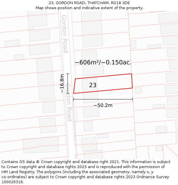 23, GORDON ROAD, THATCHAM, RG18 3DE: Plot and title map
