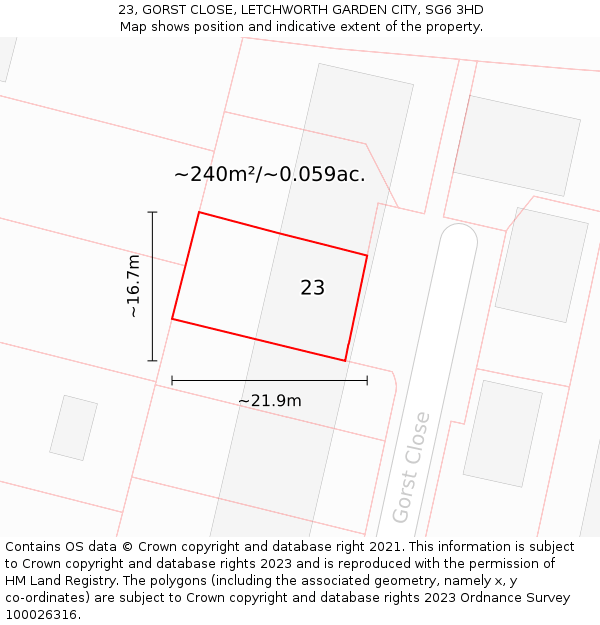 23, GORST CLOSE, LETCHWORTH GARDEN CITY, SG6 3HD: Plot and title map