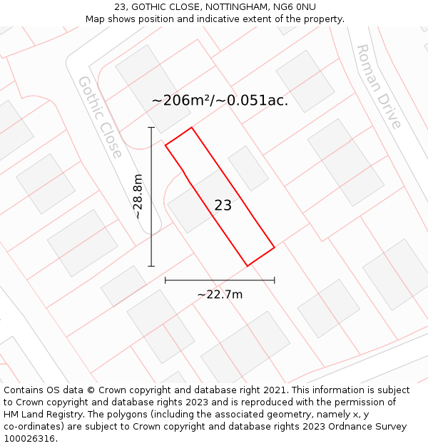 23, GOTHIC CLOSE, NOTTINGHAM, NG6 0NU: Plot and title map