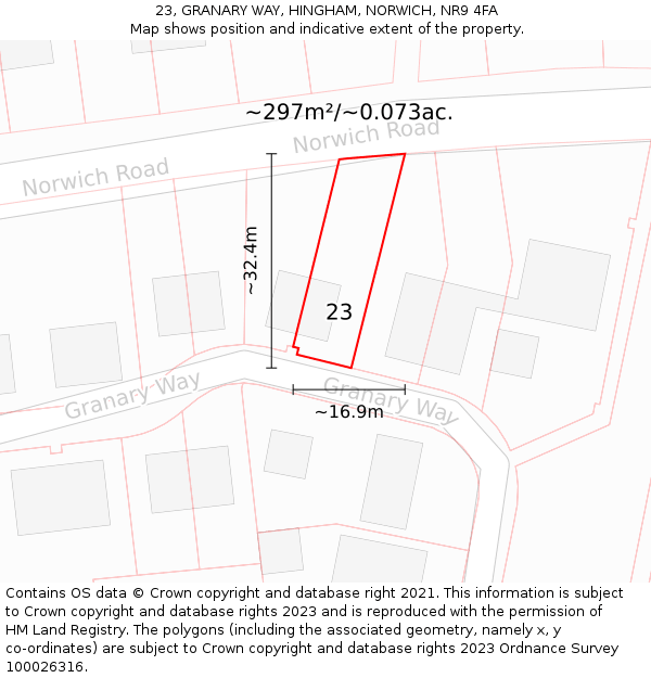 23, GRANARY WAY, HINGHAM, NORWICH, NR9 4FA: Plot and title map