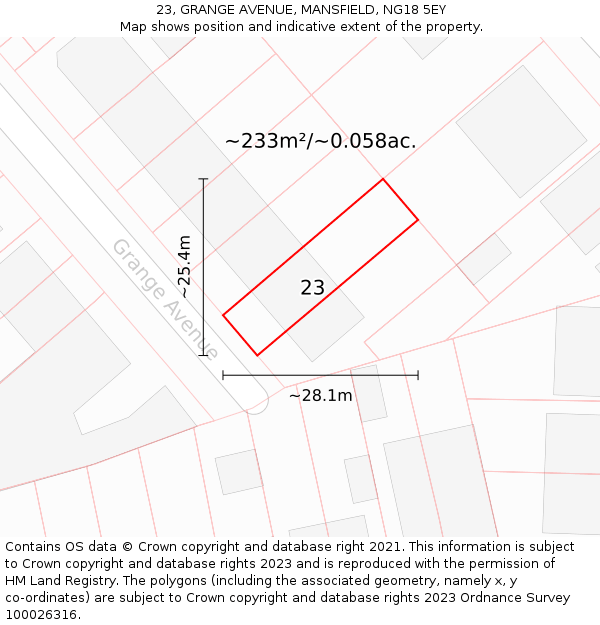 23, GRANGE AVENUE, MANSFIELD, NG18 5EY: Plot and title map