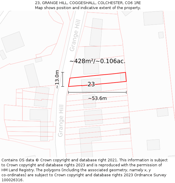 23, GRANGE HILL, COGGESHALL, COLCHESTER, CO6 1RE: Plot and title map