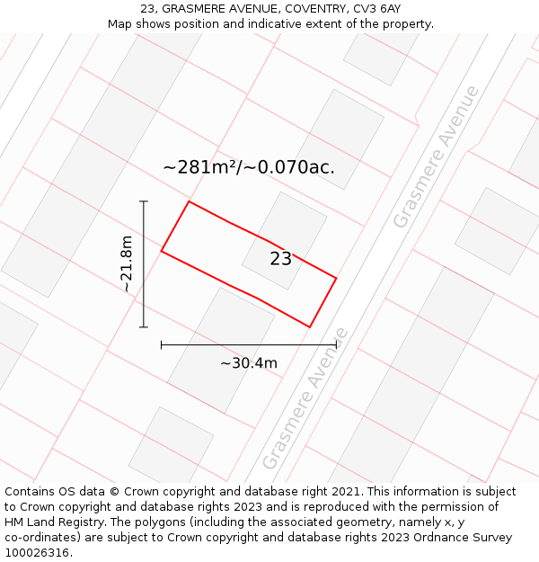 23, GRASMERE AVENUE, COVENTRY, CV3 6AY: Plot and title map