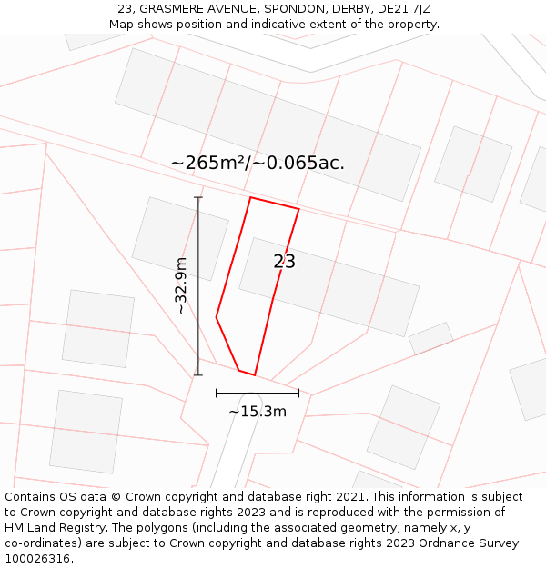 23, GRASMERE AVENUE, SPONDON, DERBY, DE21 7JZ: Plot and title map