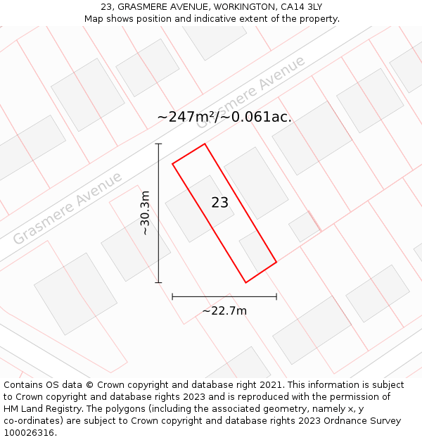 23, GRASMERE AVENUE, WORKINGTON, CA14 3LY: Plot and title map