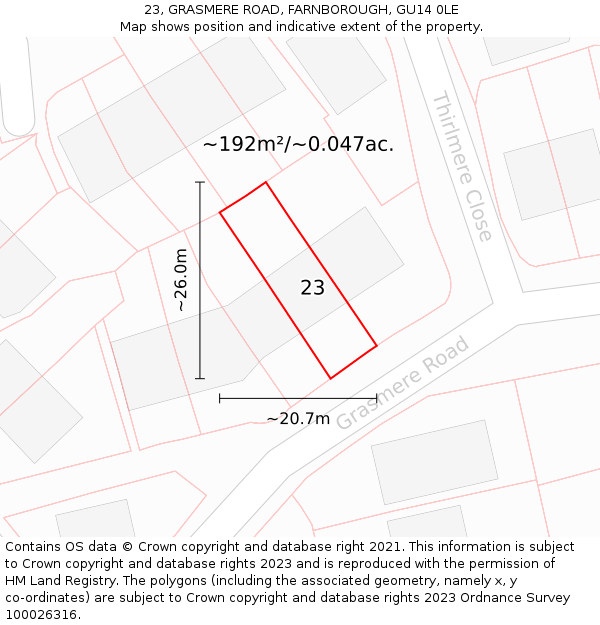 23, GRASMERE ROAD, FARNBOROUGH, GU14 0LE: Plot and title map