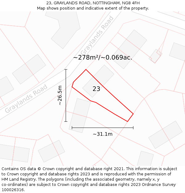 23, GRAYLANDS ROAD, NOTTINGHAM, NG8 4FH: Plot and title map