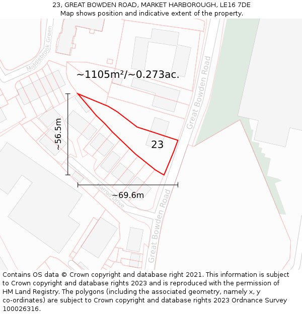 23, GREAT BOWDEN ROAD, MARKET HARBOROUGH, LE16 7DE: Plot and title map