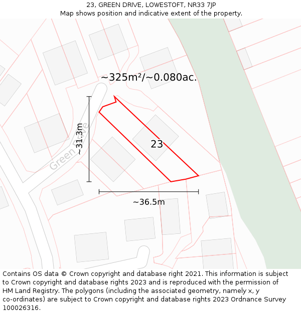 23, GREEN DRIVE, LOWESTOFT, NR33 7JP: Plot and title map