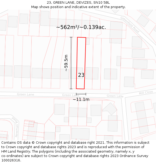 23, GREEN LANE, DEVIZES, SN10 5BL: Plot and title map