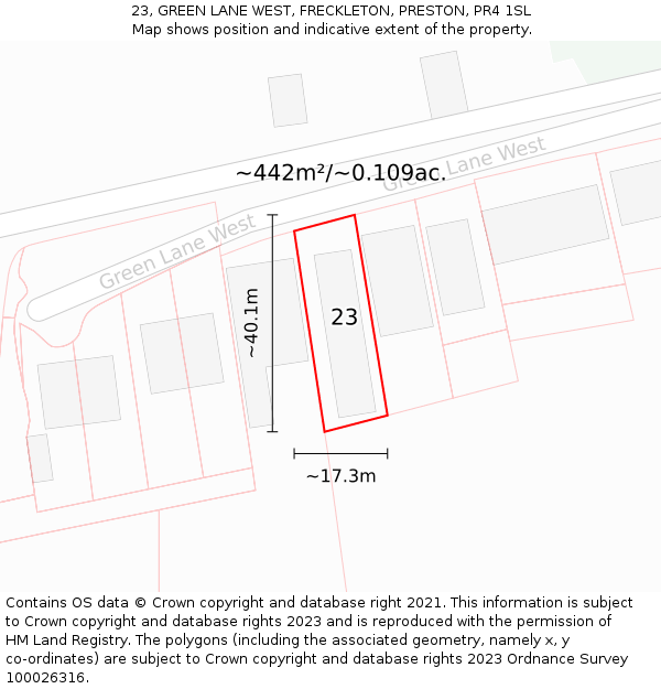 23, GREEN LANE WEST, FRECKLETON, PRESTON, PR4 1SL: Plot and title map