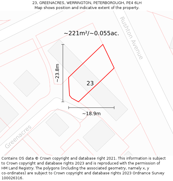23, GREENACRES, WERRINGTON, PETERBOROUGH, PE4 6LH: Plot and title map