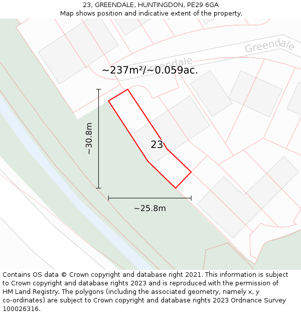 23, GREENDALE, HUNTINGDON, PE29 6GA: Plot and title map