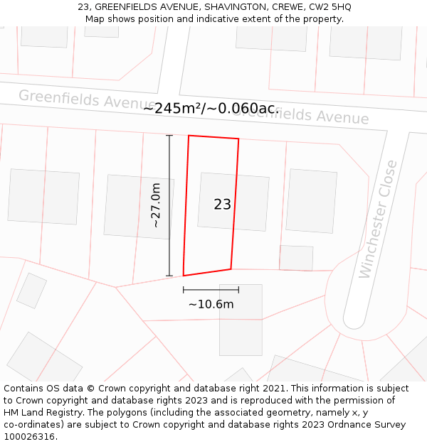 23, GREENFIELDS AVENUE, SHAVINGTON, CREWE, CW2 5HQ: Plot and title map