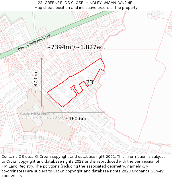 23, GREENFIELDS CLOSE, HINDLEY, WIGAN, WN2 4EL: Plot and title map