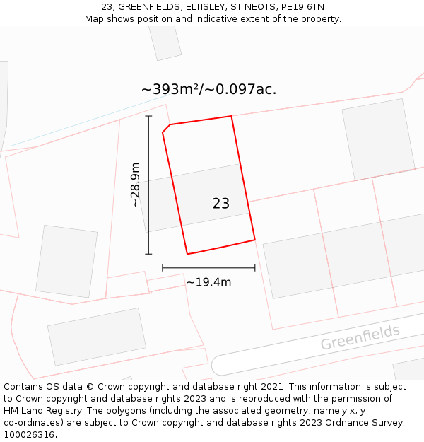 23, GREENFIELDS, ELTISLEY, ST NEOTS, PE19 6TN: Plot and title map