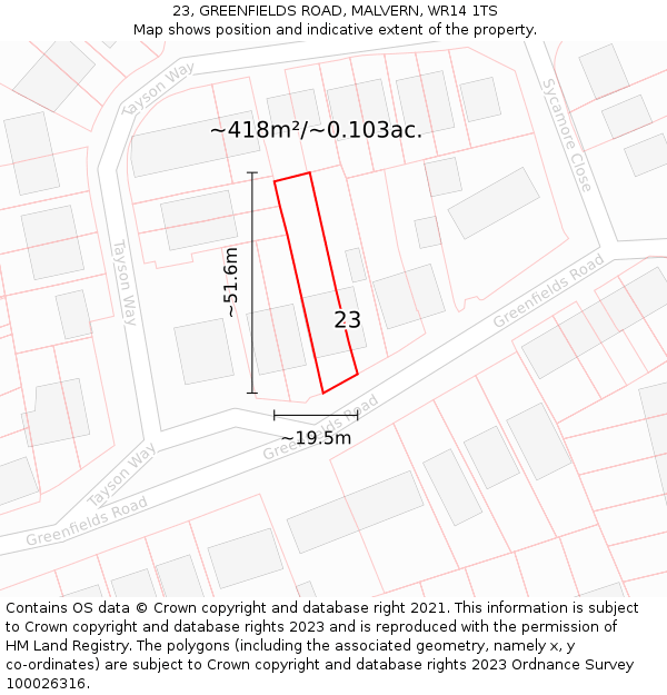 23, GREENFIELDS ROAD, MALVERN, WR14 1TS: Plot and title map