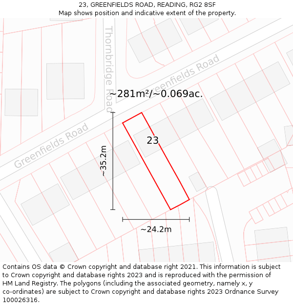 23, GREENFIELDS ROAD, READING, RG2 8SF: Plot and title map