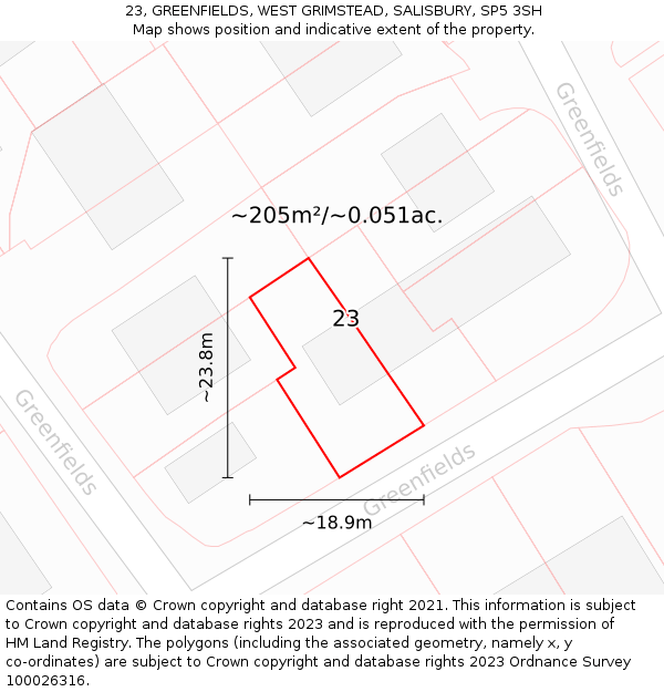 23, GREENFIELDS, WEST GRIMSTEAD, SALISBURY, SP5 3SH: Plot and title map