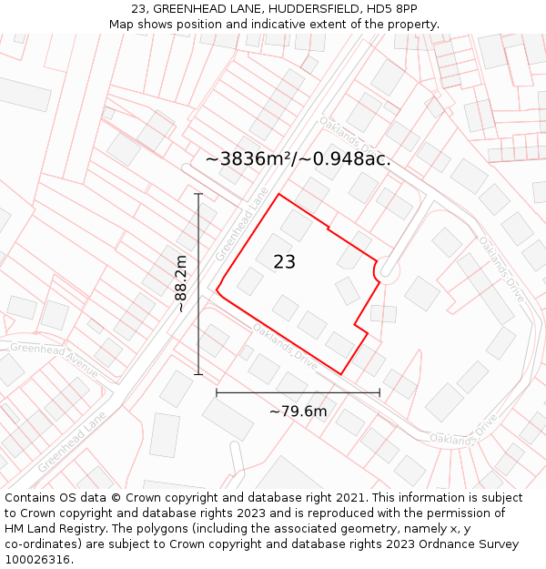 23, GREENHEAD LANE, HUDDERSFIELD, HD5 8PP: Plot and title map
