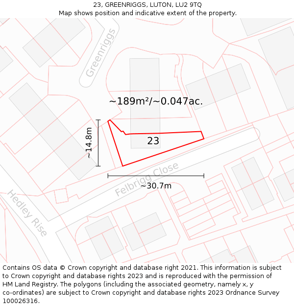 23, GREENRIGGS, LUTON, LU2 9TQ: Plot and title map