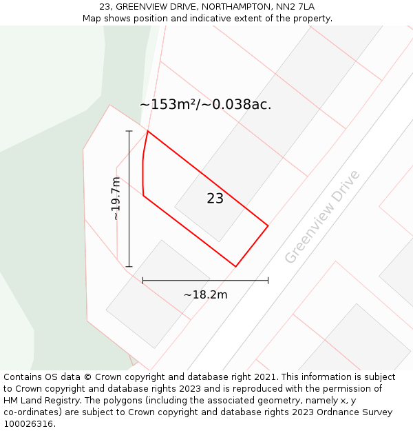 23, GREENVIEW DRIVE, NORTHAMPTON, NN2 7LA: Plot and title map