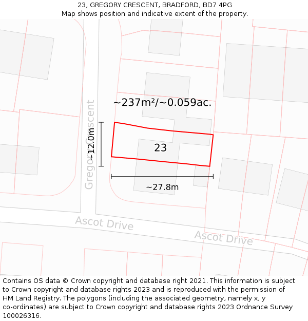23, GREGORY CRESCENT, BRADFORD, BD7 4PG: Plot and title map
